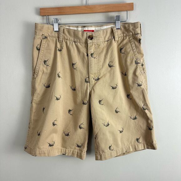 Izod 32 Khaki Chino Shorts Swordfish Fish Print Preppy Men's 32 - Picture 3 of 10